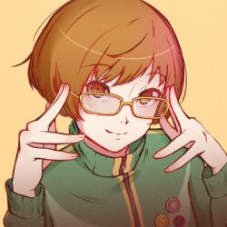 Rule 34 | 1girl, adjusting eyewear, bespectacled, brown eyes, brown hair, commentary, glasses, green jacket, jacket, light blush, long sleeves, looking at viewer, monokarumaru, persona, persona 4, satonaka chie, short hair, smile, solo, yellow-framed eyewear, yellow background