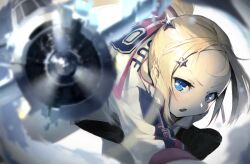 1girl aircraft airplane azur_lane baseball_cap baseball_uniform black_skirt blonde_hair blue_eyes bogue_(azur_lane) bogue_(retrofit)_(azur_lane) bomber clothes_writing commentary_request fang hair_ornament hat highres long_hair looking_at_viewer open_mouth parted_bangs partial_commentary ponytail retrofit_(azur_lane) short_sleeves sidelocks skin_fang skirt solo sportswear standing standing_on_one_leg star_(symbol) star_hair_ornament tbf_avenger throwing torpedo_bomber unworn_hat unworn_headwear yohia