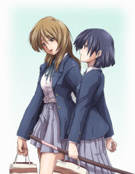 Rule 34 | 2girls, bag, black hair, blazer, bokken, brown eyes, brown hair, extra, faith (sbi), k-on!, long hair, multiple girls, school uniform, short hair, sunahara yoshimi, sword, tachibana himeko, weapon, wooden sword