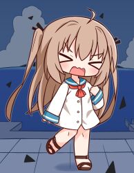 &gt;_&lt; 1girl ahoge ascot atri atri-my_dear_moments- black_ribbon blue_sailor_collar blue_sky blush brown_hair brown_sandals chibi closed_eyes cloud day dress facing_viewer full_body hair_between_eyes hair_ribbon hana_kazari hand_up highres horizon long_hair long_sleeves ocean open_mouth outdoors red_ascot ribbon sailor_collar sailor_dress sandals sky sleeves_past_wrists solo standing standing_on_one_leg two_side_up v-shaped_eyebrows very_long_hair water wavy_mouth white_dress