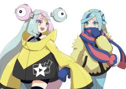 Rule 34 | 1boy, 1girl, grusha (pokemon), highres, iono (pokemon), multicolored hair, nintendo, pink eyes, pink hair, pokemon, pokemon sv, poyoxis, two-tone hair