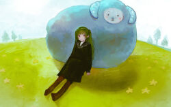 1girl absurdres byakugun commentary grass green_hair highres horns long_hair long_sleeves on_grass original red_eyes sheep sheep_horns tree
