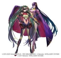 2015 2020 2girls black_hair boots breasts cleavage copyright_notice cuboon eyepatch fire_emblem fire_emblem_heroes full_body fur-trimmed_boots fur_trim gloves green_hair helmet high_heels kurono_kiria long_hair midriff multiple_girls navel nintendo official_art one_eye_covered red_eyes tharja_(fire_emblem) thigh_boots thighhighs tokyo_mirage_sessions_fe twintails veil white_background