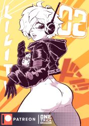 Rule 34 | 1girl, absurdres, ass, blush, bodysuit, breasts, curvy, gloves, hair over one eye, hands in pockets, headphones, highres, jacket, looking at viewer, looking back, monochrome, one eye covered, one piece, one trick dragon, open clothes, open jacket, open mouth, parted lips, shiny clothes, short hair, solo, sound effects, sweat, vegapunk lilith, wide hips