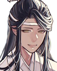 1boy absurdres bishounen black_hair chinese_clothes closed_mouth eyelashes hanfu headband highres lan_xichen light_smile long_hair looking_at_viewer male_focus modao_zushi portrait sidelocks signature simple_background smile solo tsubame-shi_(tubame) white_background white_hanfu white_headband xiao_guan_(headdress) yellow_eyes