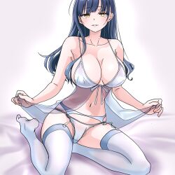 1girl babydoll babydoll_hold babydoll_pull bed_sheet black_hair boku_no_kokoro_no_yabai_yatsu breasts brown_eyes cleavage collarbone commentary full_body garter_belt large_breasts long_hair mole mole_on_neck multiple_moles navel official_alternate_costume panties parted_lips ruri_(ruri_) sitting solo string_panties thighhighs underwear white_babydoll white_garter_belt white_panties white_thighhighs yamada_anna
