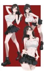 1girl arm_up artist_name ass belt bent_over black_belt black_hair black_shoes black_skirt bracelet breasts commentary crop_top cross cross_pasties earrings english_commentary final_fantasy final_fantasy_vii fuck-me_clothes glint highres jewelry large_breasts long_hair low-tied_long_hair midriff miniskirt multiple_views navel panty_straps parted_lips pasties profanity red_eyes rucarachi shoes skirt stomach tank_top tifa_lockhart very_long_hair white_tank_top