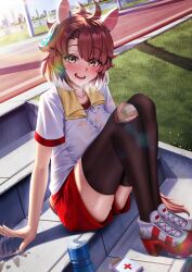 1girl absurdres afterimage ahoge alternate_costume animal_ears backlighting bandaid bandaid_on_knee bandaid_on_leg beckoning blunt_bangs blush breast_press breasts breath brown_hair cleavage collarbone commentary_request dantsu_flame_(umamusume) day dutch_angle first_aid_kit full_body grass gym_shirt gym_shorts gym_uniform highres horse_ears horse_girl horse_tail injury knees_up large_breasts looking_at_viewer manjo_(warito) medium_hair multicolored_hair no_bra on_stairs outdoors running_track see-through_clothes see-through_shirt shirt shoes short_sleeves shorts sitting sitting_on_stairs smile solo stairs stone_stairs sweat tail teeth thighhighs torn_clothes torn_thighhighs towel towel_around_neck two-tone_hair umamusume upper_teeth_only wet wet_clothes wet_shirt white_hair yellow_eyes