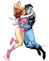 1boy 1girl arms_around_neck atom_eve black_hair boots breasts commentary couple english_commentary hetero highres impossible_clothes impossible_leotard invincible_(character) invincible_(series) knee_boots leotard mark_grayson medium_breasts muscular muscular_male official_art orange_hair pink_leotard ryan_ottley samantha_eve_wilkins signature smile superhero_costume two-tone_bodysuit