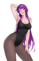 Rule 34 | 1girl, absurdres, alternate costume, alternate eye color, arm up, armpits, bare shoulders, black one-piece swimsuit, blue eyes, blush, breasts, brown pantyhose, cleavage, collarbone, covered navel, cow, eyelashes, hand on own thigh, highleg, highleg one-piece swimsuit, highres, impossible clothes, large breasts, limart, long hair, looking at viewer, monogatari (series), one-piece swimsuit, pantyhose, pantyhose under swimsuit, parted lips, purple eyes, purple hair, senjougahara hitagi, sidelocks, simple background, solo, swimsuit, very long hair, white background