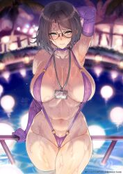 1girl arm_behind_head arm_support arm_up armpits black_hair blue_eyes blurry blurry_background blush breasts breasts_apart choker closed_mouth collarbone commentary_request cowboy_shot elbow_gloves glasses gloves gluteal_fold groin hair_between_eyes halterneck highres id_card lanyard large_breasts looking_at_viewer mole mole_on_thigh mole_under_mouth multiple_moles navel original purple_choker purple_gloves purple_slingshot_swimsuit short_hair slingshot_swimsuit solo straight-on swimsuit wakura_(gcdan) water_drop wet