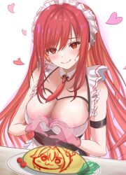 1girl @_@ alternate_costume blush breasts cleavage commentary_request doro_(nikke) food forced_smile gloves goddess_of_victory:_nikke heart heart_hands highres large_breasts long_hair looking_at_viewer maid maid_headdress myaamocchi omelet omurice pink_gloves rapi_(nikke) rapi_(red_hood)_(nikke) red_hair simple_background solo sweatdrop very_long_hair white_background