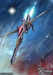 aircraft airplane blue_fire buster_rifle cannon colored_fire directed-energy_weapon energy energy_cannon energy_gun energy_weapon english_text exhaust fire flying giant_robot gun gundam gundam_arsenal_base gundam_wing hayaken_sarena japanese_text legs mecha metal_wings mobile_suit no_humans official_art plasma robot shield sky space spacecraft spaceplane star_(sky) starry_sky sunrise_(company) weapon white_fire wing_gundam wings