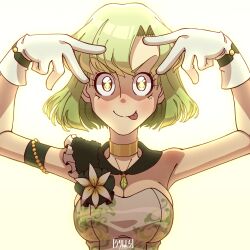 Rule 34 | 1girl, absurdres, arm strap, breasts, cleavage, commentary, crystal, flower, gloves, green eyes, grey hair, highres, hoshino ai&#039;s pose, idolmaster, idolmaster million live!, jewelry, kurihachi, large breasts, mole, mole under eye, neck ring, oshi no ko, parody, shiika (idolmaster), signature, solo, takahashi rie, tongue, tongue out, upper body, v-shaped eyebrows, voice actor connection, white gloves