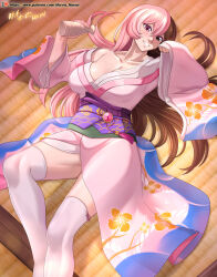 1girl absurdres artist_name blue_kimono breasts brown_eyes brown_hair cleavage collarbone commentary english_commentary feet_out_of_frame floral_print grin hands_up heterochromia highres japanese_clothes kimono large_breasts light_blush long_hair long_sleeves looking_at_viewer lying multicolored_hair multicolored_kimono neopolitan_(rwby) obi off_shoulder on_back orange_kimono patreon_logo patreon_username pink_eyes pink_hair pink_kimono purple_sash rwby sash single_bare_shoulder smile solo split-color_hair thick_thighs thighhighs thighs tokkuri two-tone_hair variant_set vilde_loh_hocen white_thighhighs wide_sleeves yukata