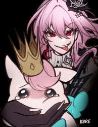 Rule 34 | 1girl, artist name, black flower, black gloves, commentary, covering another&#039;s mouth, crown, dress, earrings, english commentary, evernight (honkai: star rail), evil grin, evil smile, flower, gloves, grin, hair between eyes, hair flower, hair ornament, hairclip, highres, honkai: star rail, honkai (series), jewelry, k0re drawings, little ica (honkai: star rail), long hair, looking at viewer, march 7th (honkai: star rail), meme, official alternate costume, official alternate eye color, parallel hairclips, pink hair, red eyes, simple background, single earring, smile, tearing up, tongue, tongue out