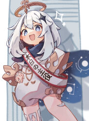 1girl absurdres birthday_sash black_scarf blue_eyes bodysuit genshin_impact grey_hair hair_ornament hairclip halo hands_on_own_hips highres komerina open_mouth paimon_(genshin_impact) sash scarf short_hair single_thighhigh smile solo thighhighs thighs white_bodysuit white_thighhighs