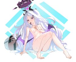 1girl absurdres ahoge black_halo blue_archive breasts completely_nude demon_girl demon_horns demon_wings halo highres hina_(blue_archive) hina_(swimsuit)_(blue_archive) horns innertube long_hair looking_at_viewer mepopon nipples nude purple_eyes pussy sitting small_breasts solo swim_ring whistle white_hair wings
