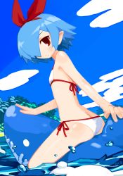 1girl bikini blue_hair butt_crack disgaea female_focus hair_over_one_eye hairband highres ocean original orz_(orz57) pleinair pointy_ears red_eyes same-san short_hair side-tie_bikini_bottom solo stuffed_animal stuffed_shark stuffed_toy swimsuit water white_bikini
