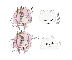 1girl arrow_(symbol) blue_eyes character_name commentary dog elf elysia_(honkai_impact) elysia_(miss_pink_elf)_(honkai_impact) hair_ornament head_only heart highres honkai_(series) honkai_impact_3rd implied_yuri multiple_views open_mouth pink_hair pointy_ears symbol-only_commentary yaro_yk