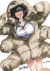 1girl black_eyes black_hair breasts brown_jacket cleavage collared_shirt cowboy_shot extra_arms highres jacket looking_at_viewer medium_hair megame_(okbnkn) neck_ribbon original personification red_ribbon ribbon shirt small_hands smile solo tardigrade v white_background white_shirt