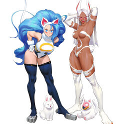 2girls absurdres ahoge animal_costume animal_ears animal_hands arms_behind_head arms_up bare_shoulders big_hair blue_eyes blue_hair blue_thighhighs body_fur boku_no_hero_academia breasts cat cat_costume cat_ears cat_girl cat_paws cat_tail claws cosplay costume_switch crescent_print crossover dark-skinned_female dark_skin darkstalkers elbow_gloves felicia_(darkstalkers) felicia_(darkstalkers)_(cosplay) female_focus full_body gloves grabbing_another&#039;s_hair hands_on_own_hips heattech_leotard highres holding_another&#039;s_hair huge_ahoge large_breasts leaning_forward leotard long_eyelashes long_hair looking_at_viewer mirko mirko_(cosplay) multiple_girls muscular muscular_female noumu_(boku_no_hero_academia) open_mouth parted_bangs rabbit_costume rabbit_ears rabbit_girl rabbit_tail red_eyes revealing_clothes simple_background sleeveless_turtleneck_leotard slit_pupils smile standing tail thighhighs trait_connection turtleneck white_background white_fur white_gloves white_leotard white_thighhighs wonbin_lee