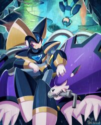 Rule 34 | 2boys, absurdres, android, arm cannon, armor, artist name, bass (mega man), black armor, black helmet, blue armor, blue bodysuit, blue eyes, blue helmet, bodysuit, chest jewel, claws, clenched hands, clenched teeth, closed mouth, dog, evil grin, evil smile, facial hair, facial mark, fang, fins, forehead jewel, gloves, grin, hand on animal, head fins, helmet, highres, jewelry, looking at another, mega man (character), mega man (classic), mega man (series), multiple boys, non-humanoid robot, pipe in mouth, puddle, rain, red eyes, reflection, reflective water, robot, robot animal, robot dog, robot ears, signature, sitting on animal, smile, smoking pipe, standing, teeth, treble (mega man), weapon, wet, white gloves, xenon (xenonb)