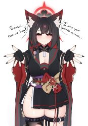 Rule 34 | 1girl, absurdres, animal ear fluff, animal ears, black gloves, black hair, black nails, black sailor collar, black shirt, black skirt, black thighhighs, blue archive, blush, breasts, cleavage, closed mouth, colored inner hair, cowboy shot, english text, eyeshadow, fingerless gloves, fingernails, fox ears, fox girl, fox tail, gloves, halo, hands up, highres, incoming hug, large breasts, long hair, looking at viewer, makeup, multicolored hair, nail polish, obi, red eyeshadow, red halo, sailor collar, sash, sharp fingernails, shirt, side slit, silenzuka, simple background, single thighhigh, skindentation, skirt, smile, solo, tail, thigh strap, thighhighs, thighs, wakamo (blue archive), white background, yellow eyes