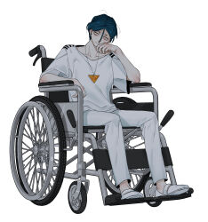 1boy absurdres blue_hair closed_mouth commentary_request full_body hair_between_eyes hand_on_own_cheek hand_on_own_face highres looking_to_the_side maelo male_focus meguriya_ayumu pants shirt shoes short_hair short_sleeves simple_background sitting smile solo toshi_densetsu_kaitai_center wheelchair white_background white_pants white_shirt white_shoes yellow_eyes