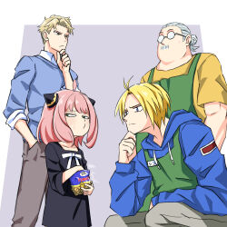 Rule 34 | 1girl, 3boys, anya (spy x family), apron, black dress, blonde hair, blue hoodie, blue shirt, dress, eating, facial hair, frown, glasses, grey background, grey hair, hair slicked back, hairpods, hand on own chin, hands in pockets, highres, hood, hoodie, long sleeves, multiple boys, mustache, peanut, pink hair, sakamoto days, sakamoto taro, shin (sakamoto days), shirt, short sleeves, spy x family, squatting, standing, tanny v, trait connection, twilight (spy x family), yellow shirt