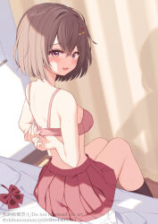 Rule 34 | black thighhighs, blush, bra, breasts, brown eyes, brown hair, dressing, hair ornament, hairclip, indoors, looking at viewer, medium breasts, on bed, open mouth, original, parallel hairclips, pillow, red bra, red ribbon, red skirt, ribbon, shadow, short hair, signature, skirt, thighhighs, underwear, uramakaron, wooden floor