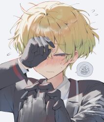 1boy 1other bad_id bad_twitter_id black_gloves blonde_hair blush closed_eyes closed_mouth coat collared_shirt dante_(limbus_company) flustered gloves hand_on_own_face highres holding_hands inactive_account korean_commentary limbus_company long_sleeves male_focus maratang other_with_male project_moon shirt short_hair simple_background sinclair_(project_moon) solo_focus speech_bubble sweatdrop white_background white_shirt wing_collar