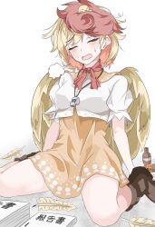 1girl animal animal_on_head bird bird_on_head bird_wings blonde_hair boots brown_boots chick closed_eyes dress exhausted feathered_wings full_body highres kakineko medium_hair multicolored_hair neckerchief niwatari_kutaka on_head open_mouth orange_dress paper_stack quill red_hair red_neckerchief shirt short_sleeves sitting solo sweatdrop touhou two-tone_hair wariza whistle white_background white_shirt wings yellow_wings