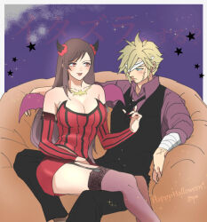 Rule 34 | 1boy, 1girl, alternate costume, bandaged arm, bandaged head, bandages, bare shoulders, bat necklace, black hair, black necktie, black pants, black vest, blonde hair, blue eyes, breasts, brown hair, cleavage, closed mouth, cloud strife, collarbone, collared shirt, commentary request, couple, demon horns, demon wings, detached sleeves, dress, facial scar, feet out of frame, final fantasy, final fantasy vii, garter straps, halloween, halloween costume, happy halloween, highres, horns, jewelry, large breasts, light blush, light smile, long hair, long sleeves, looking at another, loose necktie, miniskirt, necklace, necktie, on lap, one eye covered, oqm ohc, pants, parted lips, purple shirt, red dress, red eyes, red skirt, red sleeves, scar, scar on cheek, scar on face, shirt, short hair, sitting, sitting on lap, sitting on person, skirt, sparkle, spiked hair, star (symbol), swept bangs, thighhighs, tifa lockhart, vest, wings