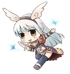 1girl :3 angel_wings animal_collar black_hairband blush breasts brown_coat checkered_thighhighs chibi chibi_only coat collar commentary_request cross-laced_clothes cross-laced_sleeves cross-laced_top dagger fake_wings full_body fur-trimmed_coat fur_trim garter_straps grey_thighhighs hairband holding holding_dagger holding_knife holding_weapon knife long_hair looking_at_viewer miniskirt open_mouth pointy_ears porinu ragnarok_online red_skirt running shadow_chaser_(ragnarok_online) simple_background skirt small_breasts solo thighhighs weapon white_background white_wings wings