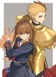 1boy 1girl aoten_(aoiroarekore) armor artist_logo back-to-back black_sailor_collar black_serafuku black_shirt black_skirt blonde_hair brown_eyes brown_hair command_spell commentary_request earrings fate/extra fate_(series) gilgamesh_(fate) gold_armor green_background highres jewelry kishinami_hakuno_(female) logo long_sleeves neckerchief parted_lips pleated_skirt red_eyes red_neckerchief sailor_collar school_uniform serafuku shirt skirt smile
