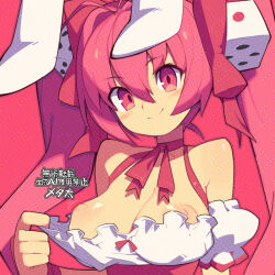 1girl animal_ears antenna_hair bare_shoulders blush_stickers breasts closed_mouth detached_sleeves di_gi_charat dice_hair_ornament dress hair_ornament hair_ribbon long_hair looking_at_viewer metata neck_ribbon nipples pink_background pink_eyes pink_hair pink_ribbon rabbit_ears ribbon short_sleeves smile solo twintails usada_hikaru white_dress white_sleeves