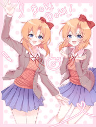 1girl absurdres arm_up blazer blue_eyes blue_skirt blush bow brown_jacket brown_sweater_vest cosplay doki_doki_literature_club doki_doki_literature_club_school_uniform hair_between_eyes hair_bow hands_up heart highres higurashi_no_naku_koro_ni jacket long_sleeves looking_at_viewer multiple_views neck_ribbon nyako_(x_nyako_x) open_clothes open_jacket open_mouth orange_hair pleated_skirt red_bow red_ribbon ribbon ryuuguu_rena sayori_(doki_doki_literature_club) sayori_(doki_doki_literature_club)_(cosplay) school_uniform short_hair skirt smile speech_bubble spoken_heart standing sweater_vest waving