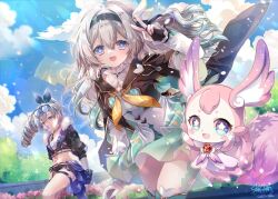 2girls black_capelet black_gloves black_hairband black_jacket blowing_bubbles blue_eyes blue_sky breasts capelet chewing_gum cloud commentary_request crop_top dress drill_hair firefly_(honkai:_star_rail) gloves goggles goggles_on_head green_dress grey_eyes grey_hair hairband honkai:_star_rail honkai_(series) jacket long_hair medium_breasts mem_(honkai:_star_rail) midriff multicolored_eyes multiple_girls navel open_mouth outdoors pink_fur sakurano_ru silver_wolf_(honkai:_star_rail) sky small_breasts smile star-shaped_pupils star_(symbol) symbol-shaped_pupils tail thigh_strap thighs two-tone_eyes v