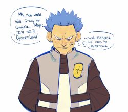 1boy blue_hair closed_mouth commentary cyrus_(pokemon) english_text grey_vest highres logo lynn_(daisiloou) male_focus nintendo pokemon pokemon_dppt shirt short_hair smile smirk solo speech_bubble spiked_hair team_galactic thought_bubble upper_body vest white_background