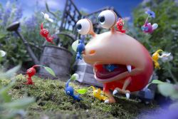 alien blue_pikmin blue_sky bulborb cloud dutch_angle eating fangs flower flying_pikmin highres moss nintendo no_humans official_art official_wallpaper outdoors pikmin_(creature) pikmin_(series) pikmin_3 plant red_pikmin rock_pikmin running sky vore watering_can yellow_pikmin