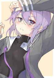 1girl a.i._voice arm_up black_undershirt blush border breasts cleavage closed_mouth grey_shirt hair_between_eyes highres long_sleeves looking_at_viewer lying open_clothes outside_border purple_eyes purple_hair ribbon sailor_collar school_uniform see-through_cleavage see-through_clothes serafuku shirt short_hair simple_background small_breasts solo upper_body voiceroid white_border yuzuki_yukari yuzuki_yukari_(shizuku) zooanime