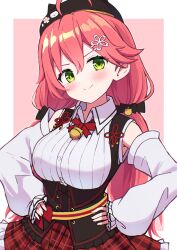 1girl ahoge beret black_corset blush closed_mouth corset hands_on_own_hips hat highres hololive kaie long_hair looking_at_viewer low_twintails official_alternate_costume pink_hair red_skirt sakura_miko sakura_miko_(casual) shirt skirt smile solo twintails very_long_hair virtual_youtuber white_shirt