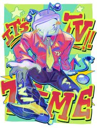 Rule 34 | 1boy, absurdres, ant tenna, artist name, black pants, border, cable, cable tail, deltarune, english text, facing viewer, full body, gloves, grin, highres, jacket, long nose, male focus, mechanical tail, necktie, no eyes, object head, outside border, pants, pointy nose, red jacket, shoes, sitting, smile, solo, star (symbol), tail, television, tofu eggs, tongue, tongue out, white border, white gloves, yellow necktie, yellow shoes