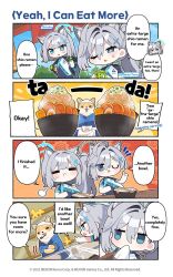 2girls animal_ear_fluff animal_ears apron big_belly bike_shorts blue_archive blue_eyes blue_halo blue_sky blurry blurry_background blush bowl bright_pupils character_name chibi clothes_writing commentary cross_hair_ornament day dog donmin_h english_commentary english_text food gloves green_gloves hair_between_eyes hair_intakes hair_ornament halo highres japanese_clothes jitome long_hair medium_hair multiple_girls no_nose noodles official_art one_eye_closed ramen shiroko_(blue_archive) shiroko_(cycling)_(blue_archive) shiroko_terror_(blue_archive) shirt short_sleeves sky speech_bubble v-shaped_eyebrows very_long_hair waist_apron white_apron white_pupils wolf_ears
