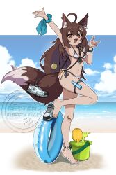 1girl :d absurdres ahoge animal_ear_fluff animal_ears anklet arm_up bag bandaid bandaid_on_knee bandaid_on_leg bangle beach bikini bottle bracelet breasts brown_eyes brown_hair bucket cat_hair_ornament fang fox_ears fox_girl fox_print fox_shadow_puppet fox_tail full_body ghostfox9 hair_ornament highres innertube jewelry leg_up long_hair looking_at_viewer navel ocean oni_kitsune_(ghostfox9) open_mouth original outdoors rake scrunchie shoes shoulder_bag shovel small_breasts smile sneakers stomach swim_ring swimsuit tail thigh_strap unworn_shoes water_bottle white_bikini wrist_scrunchie