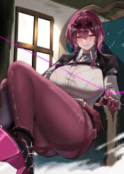 1girl absurdres black_footwear black_jacket black_shorts blush breasts collared_shirt dress_shirt eyewear_on_head gloves high_heels highres honkai:_star_rail honkai_(series) jacket jacket_on_shoulders jewelry kafka_(honkai:_star_rail) large_breasts long_hair long_sleeves looking_at_viewer pantyhose pantyhose_under_shorts ponytail purple_eyes purple_gloves purple_hair purple_pantyhose ring round_eyewear s4ika shirt shorts sidelocks smile solo sunglasses thread white_shirt