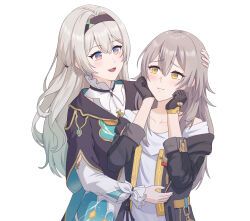 2girls absurdres black_gloves black_hairband black_jacket blush closed_mouth collarbone commentary firefly_(honkai:_star_rail) gloves gradient_hair grey_hair hair_between_eyes hair_ornament hairband hand_on_another&#039;s_head hands_on_own_cheeks hands_on_own_face highres honkai:_star_rail honkai_(series) jacket long_hair long_sleeves looking_at_another miyo12 multicolored_hair multiple_girls open_mouth shirt simple_background smile stelle_(honkai:_star_rail) trailblazer_(honkai:_star_rail) upper_body white_background white_shirt yellow_eyes yuri