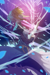 1girl ahoge artoria_pendragon_(fate) blonde_hair closed_eyes club3 dress excalibur_(fate/stay_night) fate/stay_night fate_(series) female_focus hair_ribbon highres invisible_air_(fate) petals puffy_sleeves ribbon saber_(fate) solo sword weapon wind