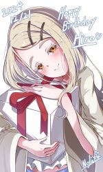 1girl absurdres blonde_hair blue_shorts blush box brown_jacket commentary_request dated english_text gakuen_idolmaster gift gift_box hair_ornament hairpin happy_birthday head_tilt highres holding holding_gift idolmaster jacket long_hair long_sleeves looking_at_viewer midriff open_clothes open_jacket orange_eyes shinosawa_hiro shirt shorts sidelocks signature simple_background smile solo swept_bangs vtitalianlion46 white_background white_shirt wide_sleeves